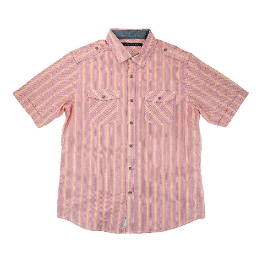 Sean John Mens Short Sleeve Shirt Pink Orange Striped Button Front Size XL